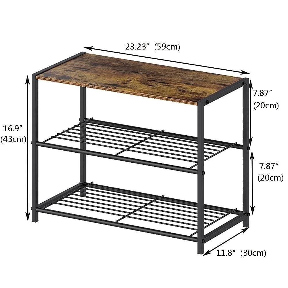 2-Shelf Entryway Shoe Rack Bench with Black Metal Frame and Brown Wood Top - PRHOMZ