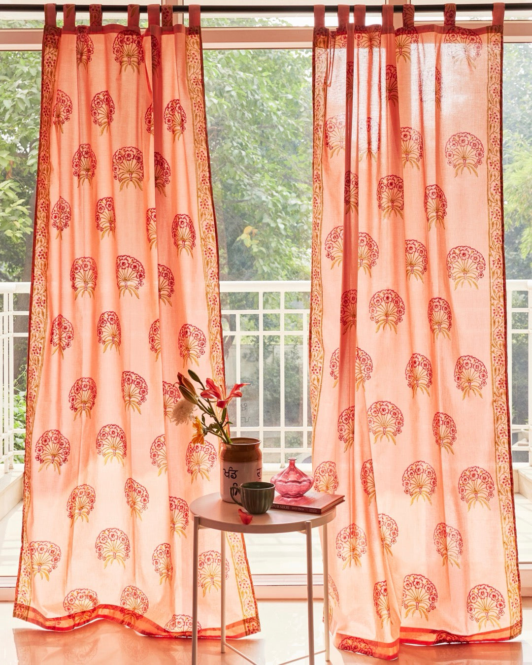 Pink & Green Hand Block Printed Linen Curtains | Floral Pattern | Privacy Opaque Light Filtering-1