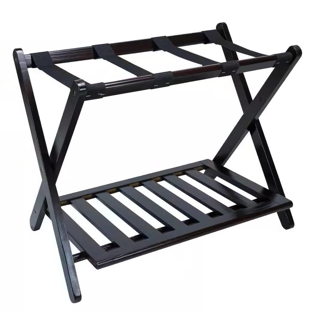 Heavy Duty Solid Wood Luggage Rack with Bottom Storage Shelf in Dark Brown - PRHOMZ