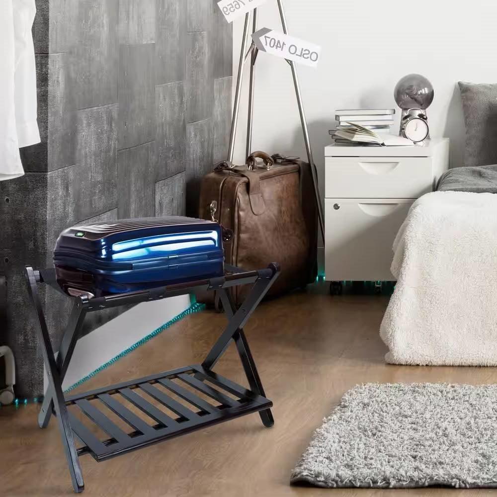 Heavy Duty Solid Wood Luggage Rack with Bottom Storage Shelf in Dark Brown - PRHOMZ