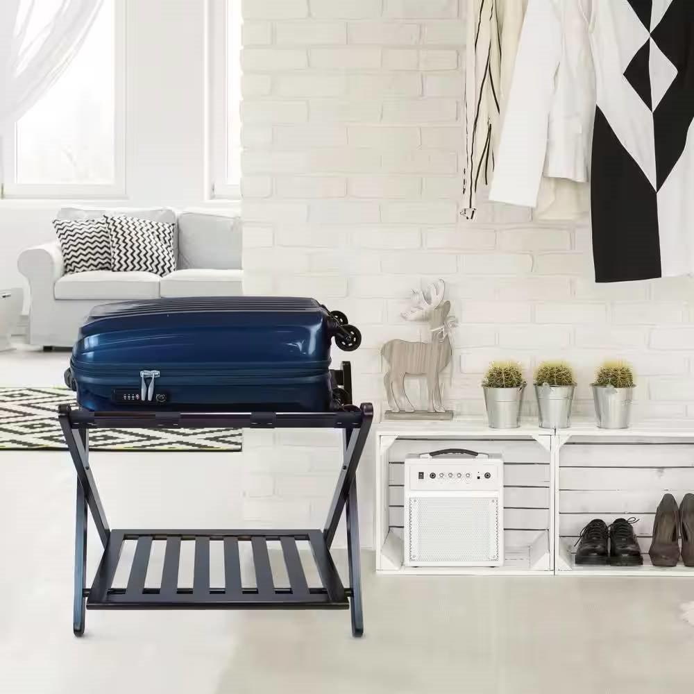 Heavy Duty Solid Wood Luggage Rack with Bottom Storage Shelf in Dark Brown - PRHOMZ