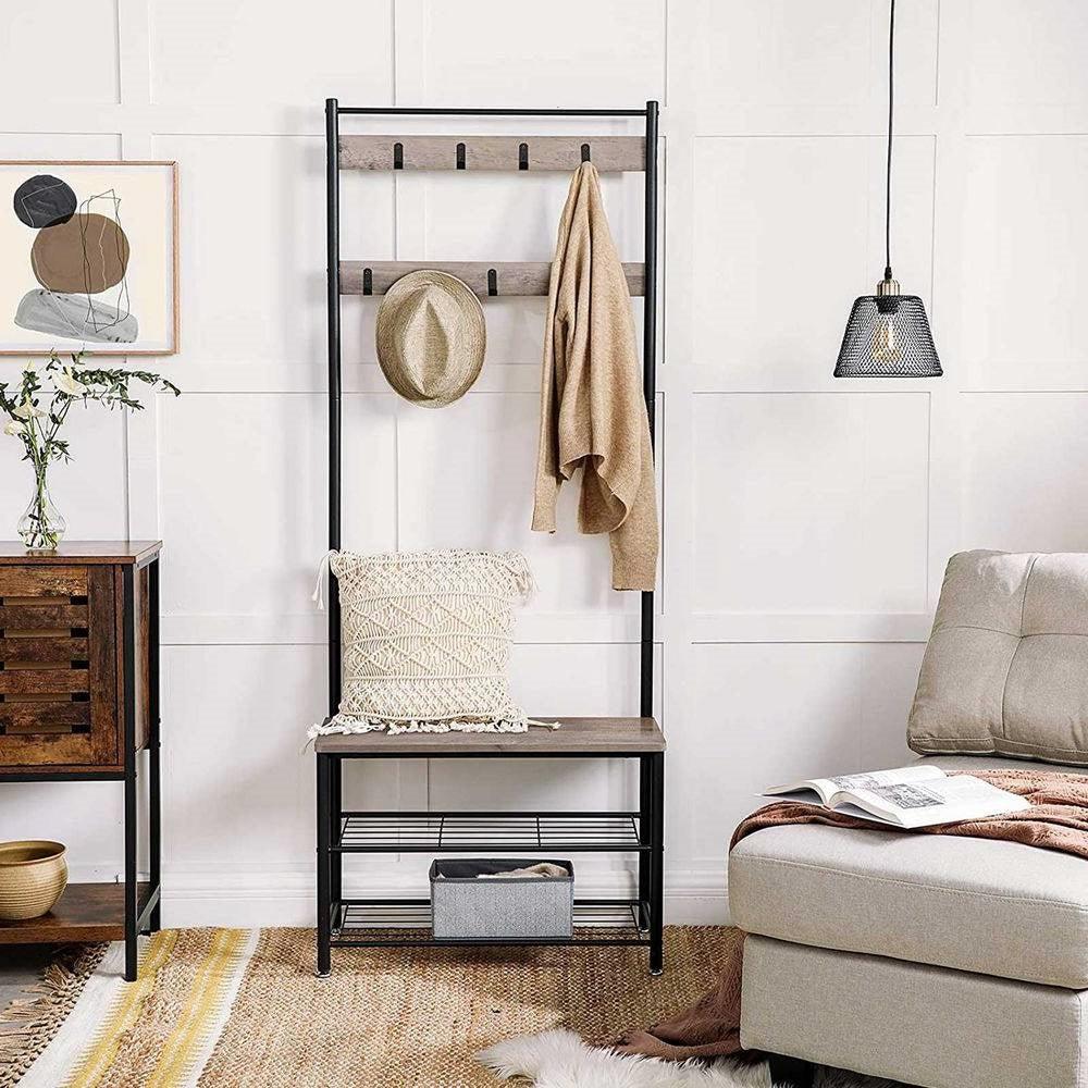 Modern Industrial Black Grey Entryway Coat Rack Shoe Bench with 2 Shelves - PRHOMZ