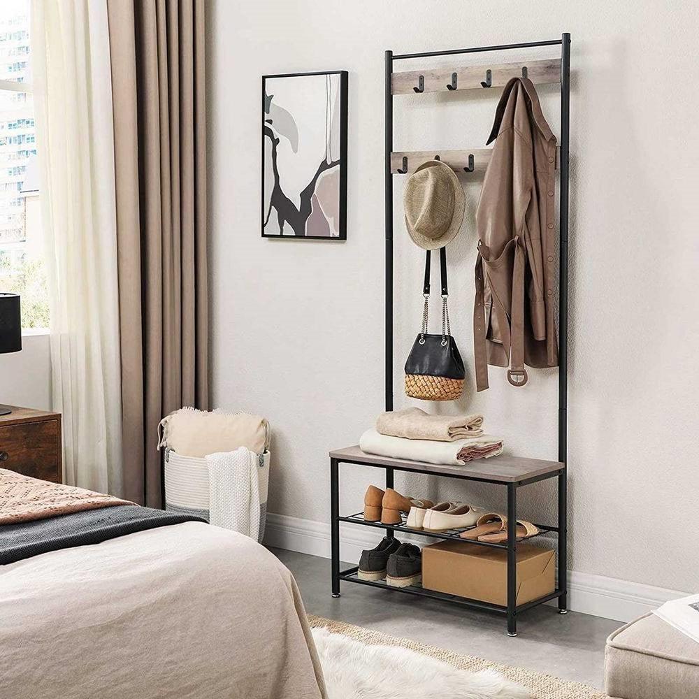 Modern Industrial Black Grey Entryway Coat Rack Shoe Bench with 2 Shelves - PRHOMZ