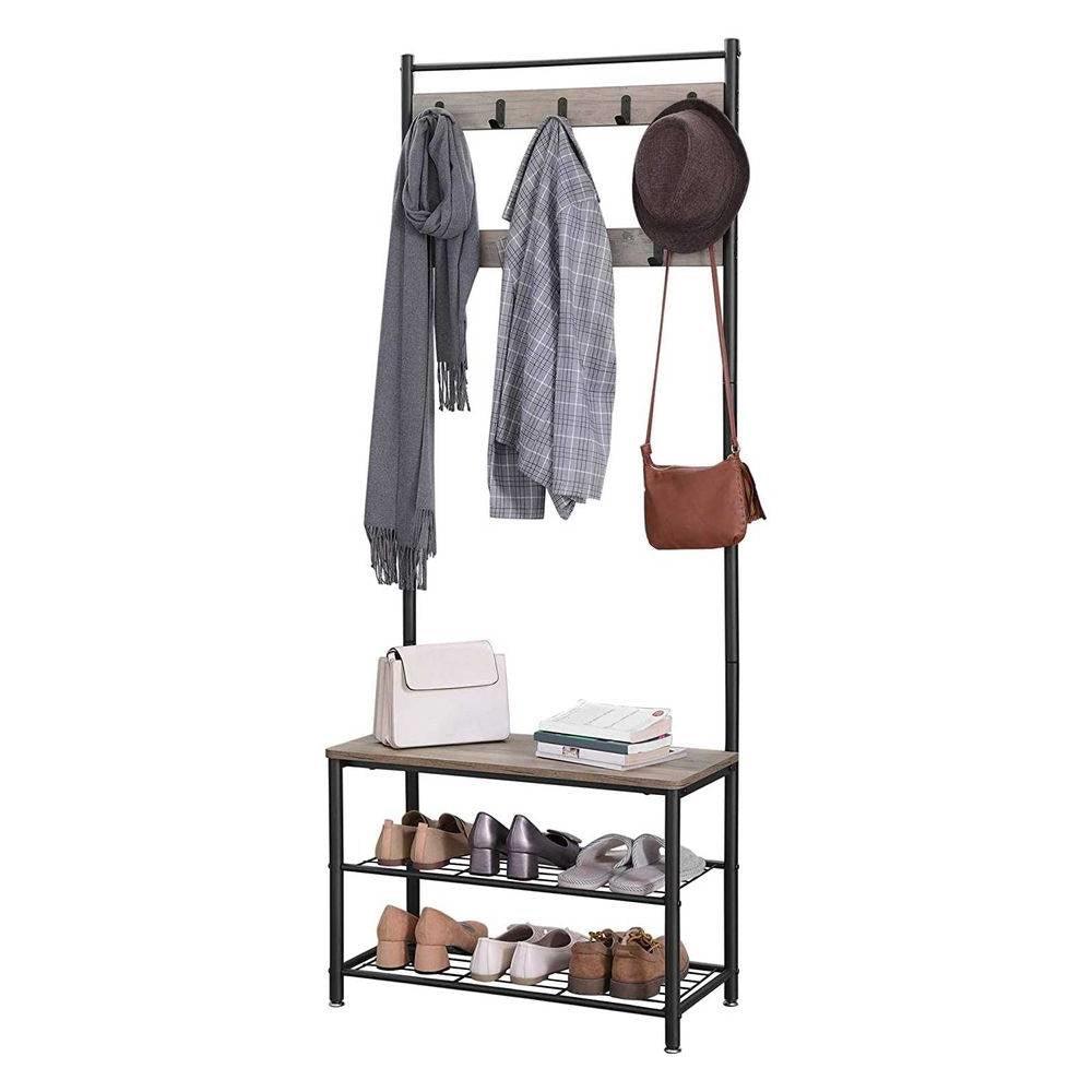 Modern Industrial Black Grey Entryway Coat Rack Shoe Bench with 2 Shelves - PRHOMZ