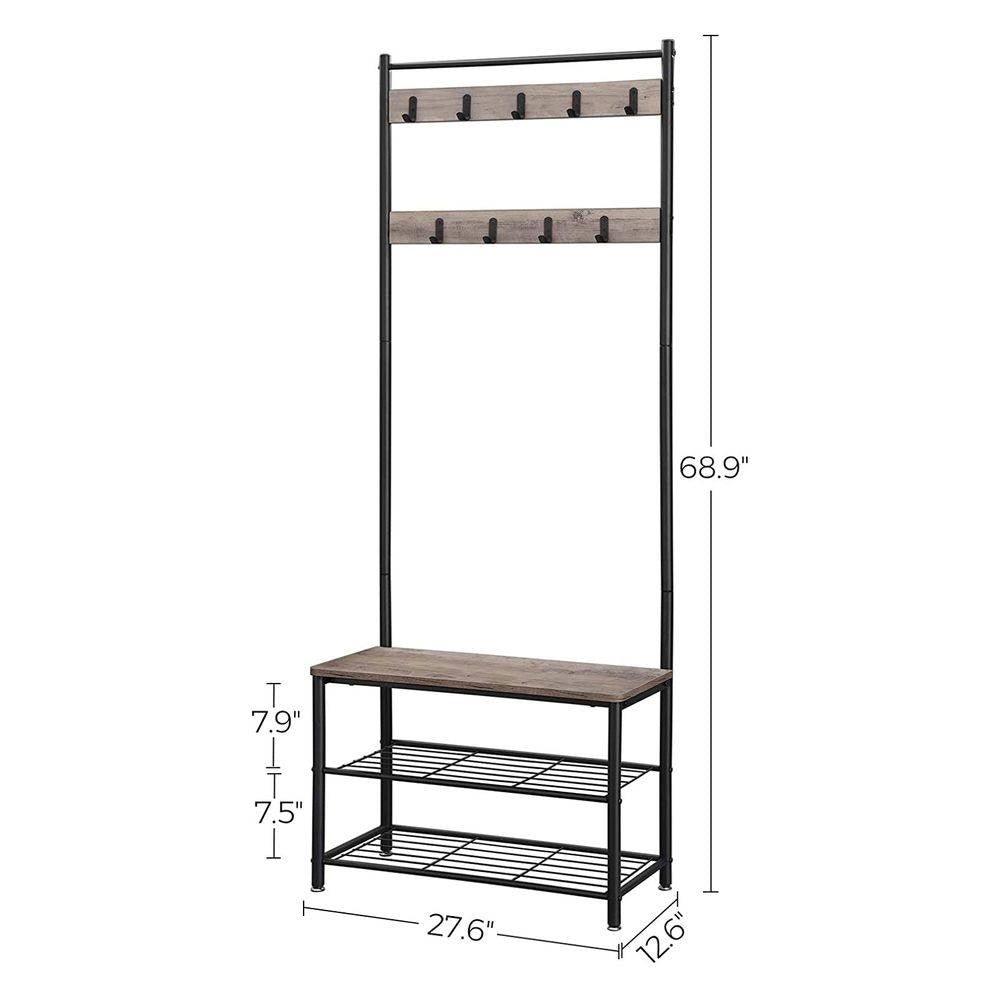 Modern Industrial Black Grey Entryway Coat Rack Shoe Bench with 2 Shelves - PRHOMZ