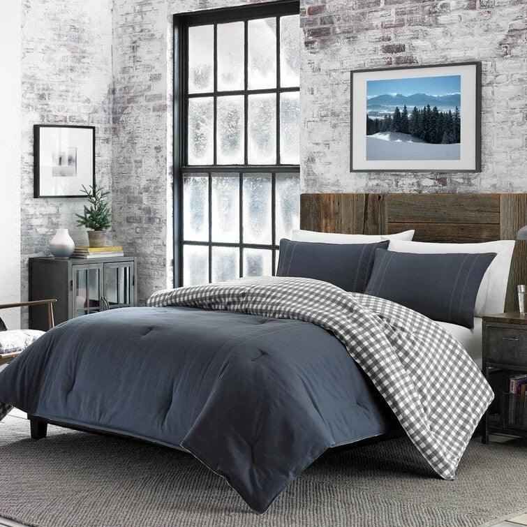Full/Queen size 100% Cotton Reverse Plaid Gray/White Comforter Set - PRHOMZ