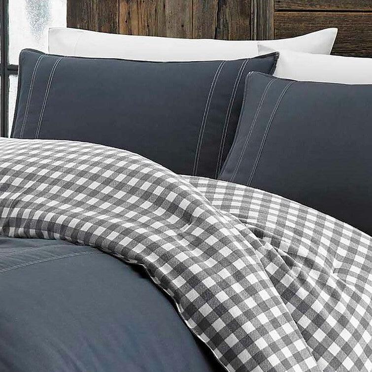Full/Queen size 100% Cotton Reverse Plaid Gray/White Comforter Set - PRHOMZ