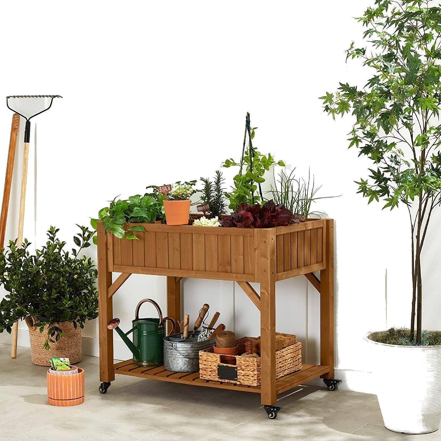 Outdoor Elevated Raised Garden Bed Planter Box with Locking Wheels - PRHOMZ