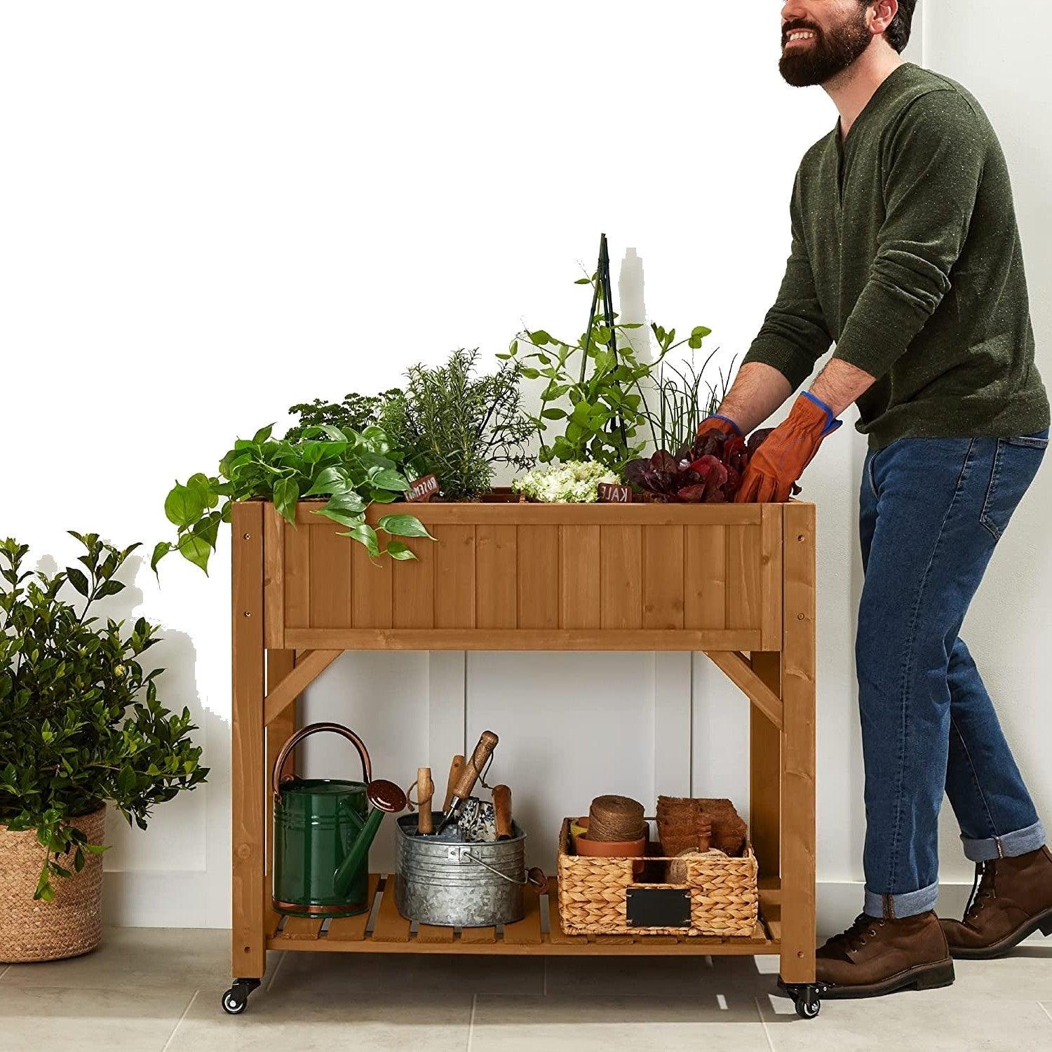 Outdoor Elevated Raised Garden Bed Planter Box with Locking Wheels - PRHOMZ