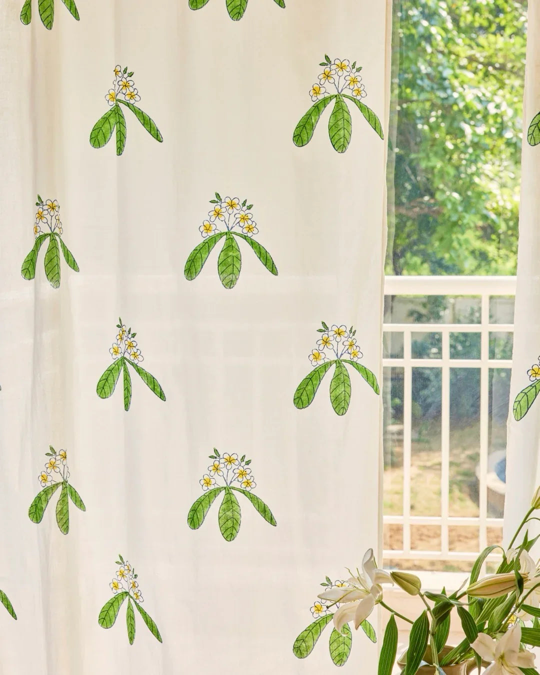 White & Green Hand Block Printed Linen Curtains | Frangipani Design-1
