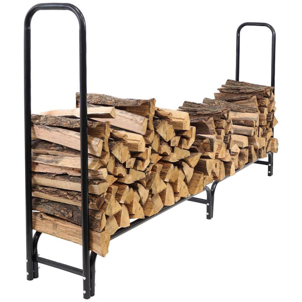 Indoor/Outdoor 8-ft. Black Metal Firewood Rack with Cover - PRHOMZ