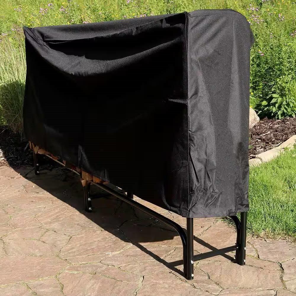 Indoor/Outdoor 8-ft. Black Metal Firewood Rack with Cover - PRHOMZ