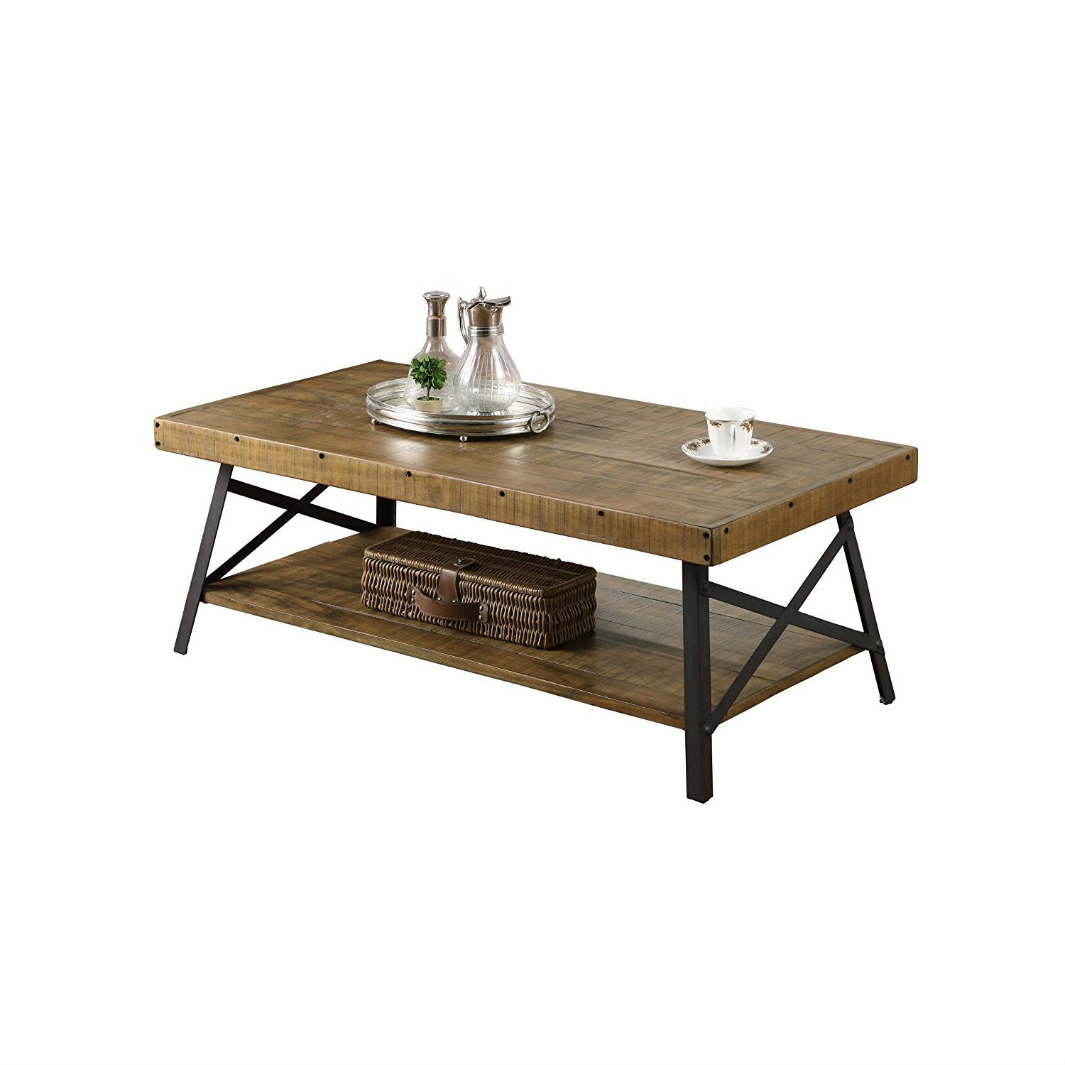 Modern Industrial Style Solid Wood Coffee Table with Steel Legs-1