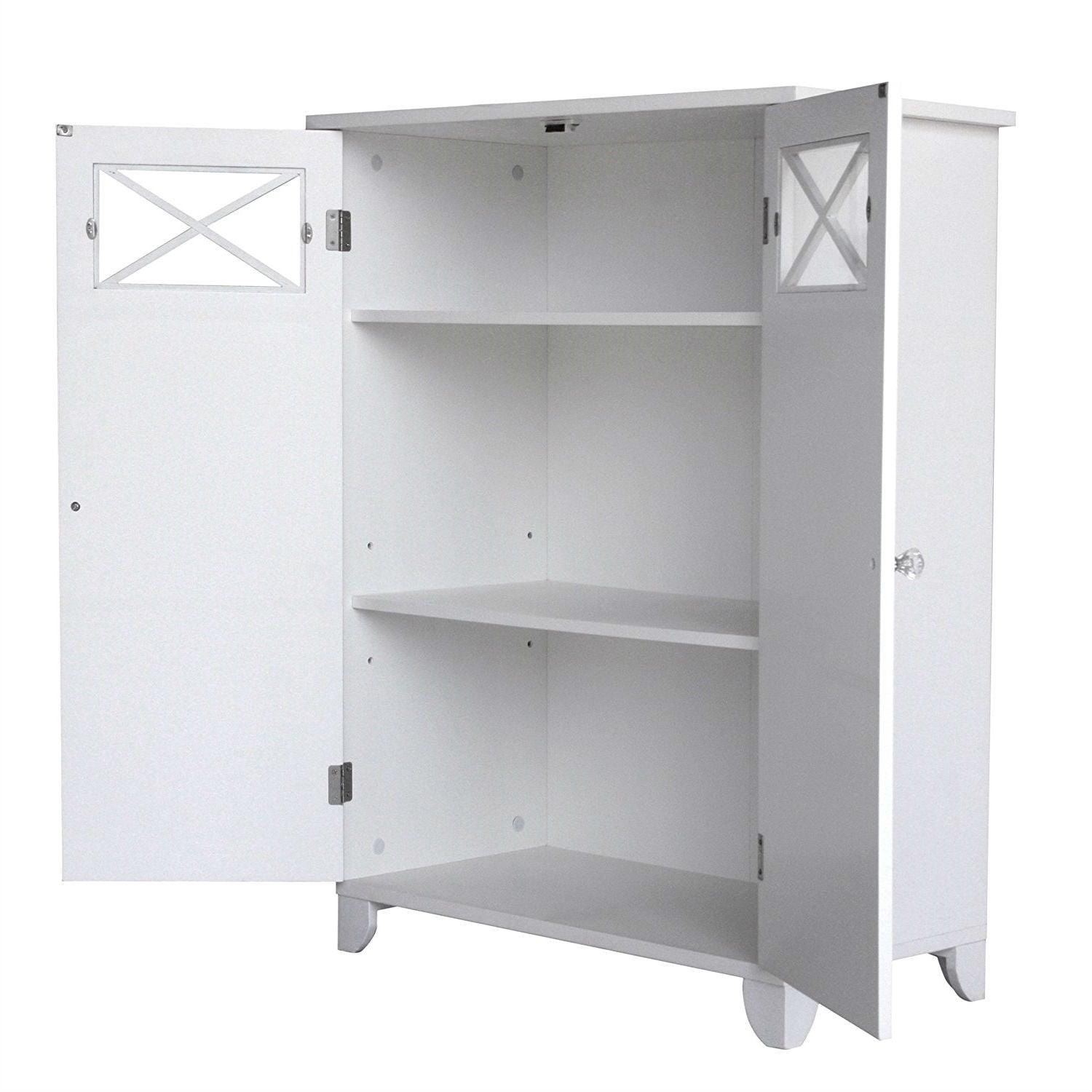 White 2-Door Bathroom Floor Cabinet with Adjustable Storage Shelf - PRHOMZ
