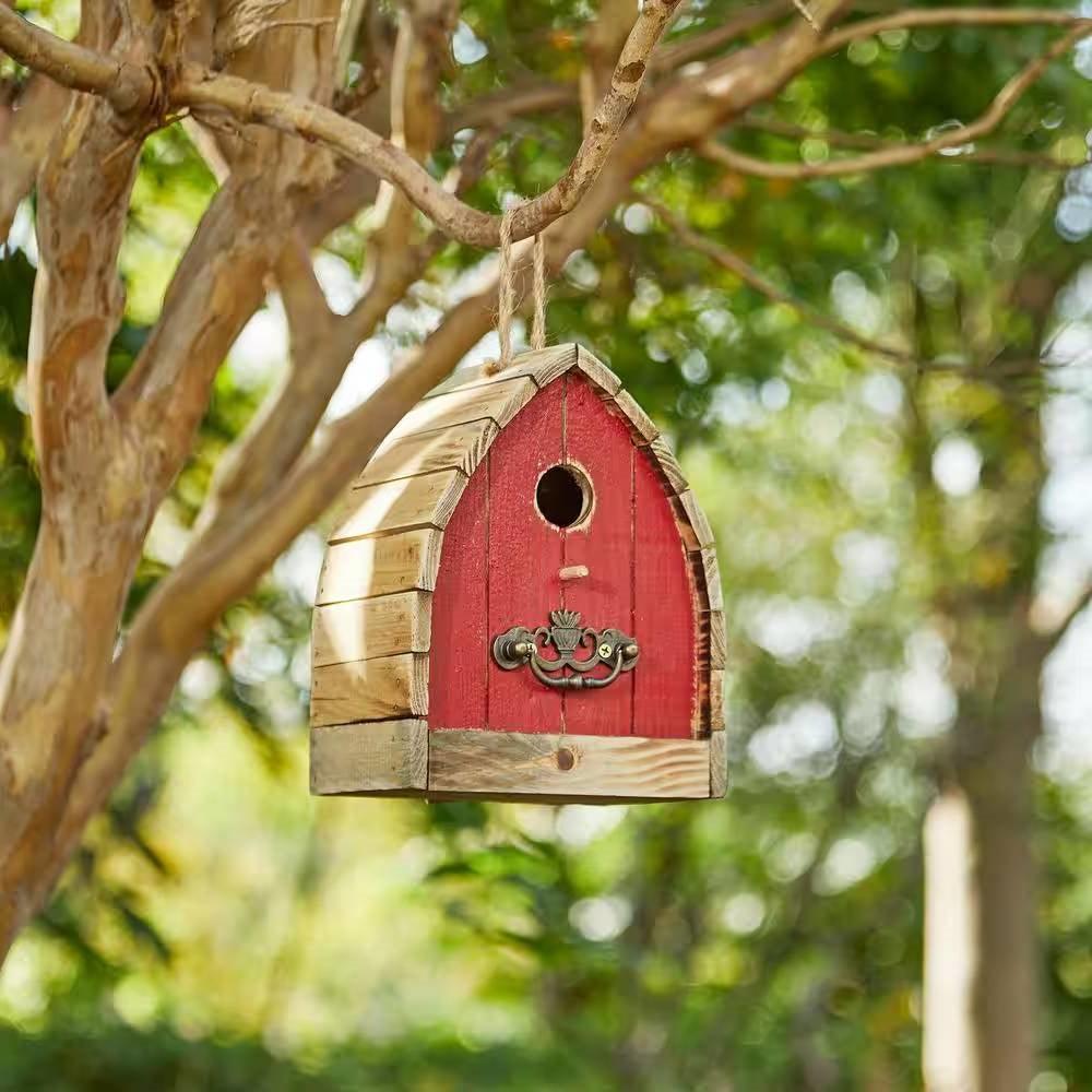 Vintage Farmhouse Style Red Solid Wood Outdoor Birdhouse - PRHOMZ