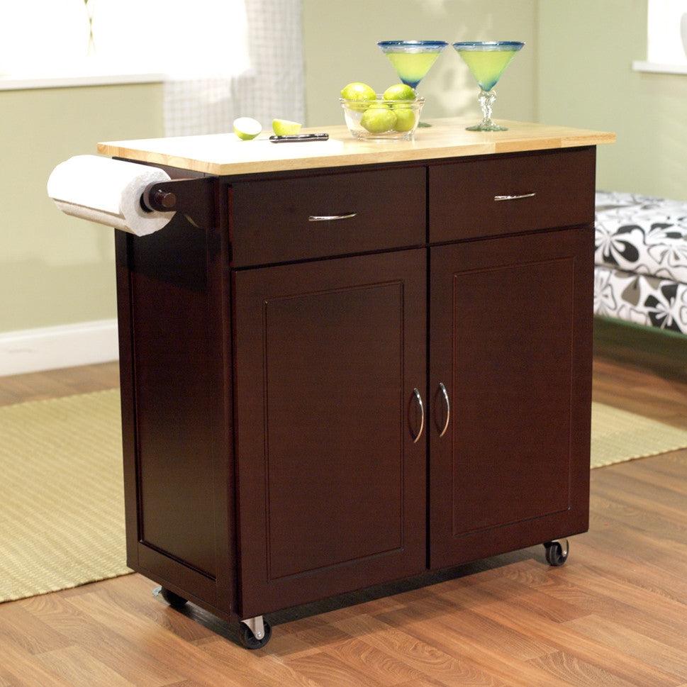 43-inch W Portable Kitchen Island Cart with Natural Wood Top in Espresso - PRHOMZ