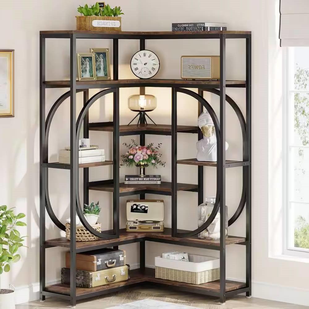 67-inch Tall Modern Industrial Metal Wood Corner Bookcase - PRHOMZ
