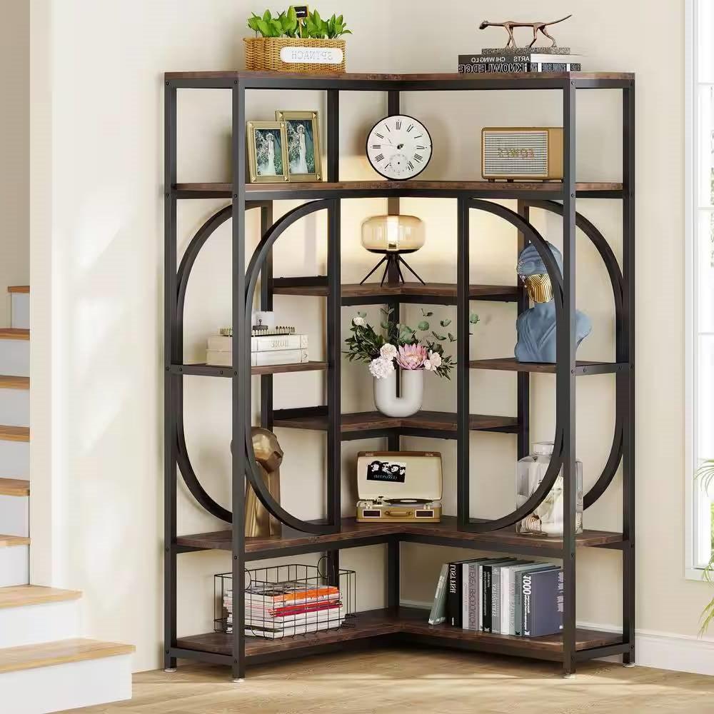 67-inch Tall Modern Industrial Metal Wood Corner Bookcase - PRHOMZ