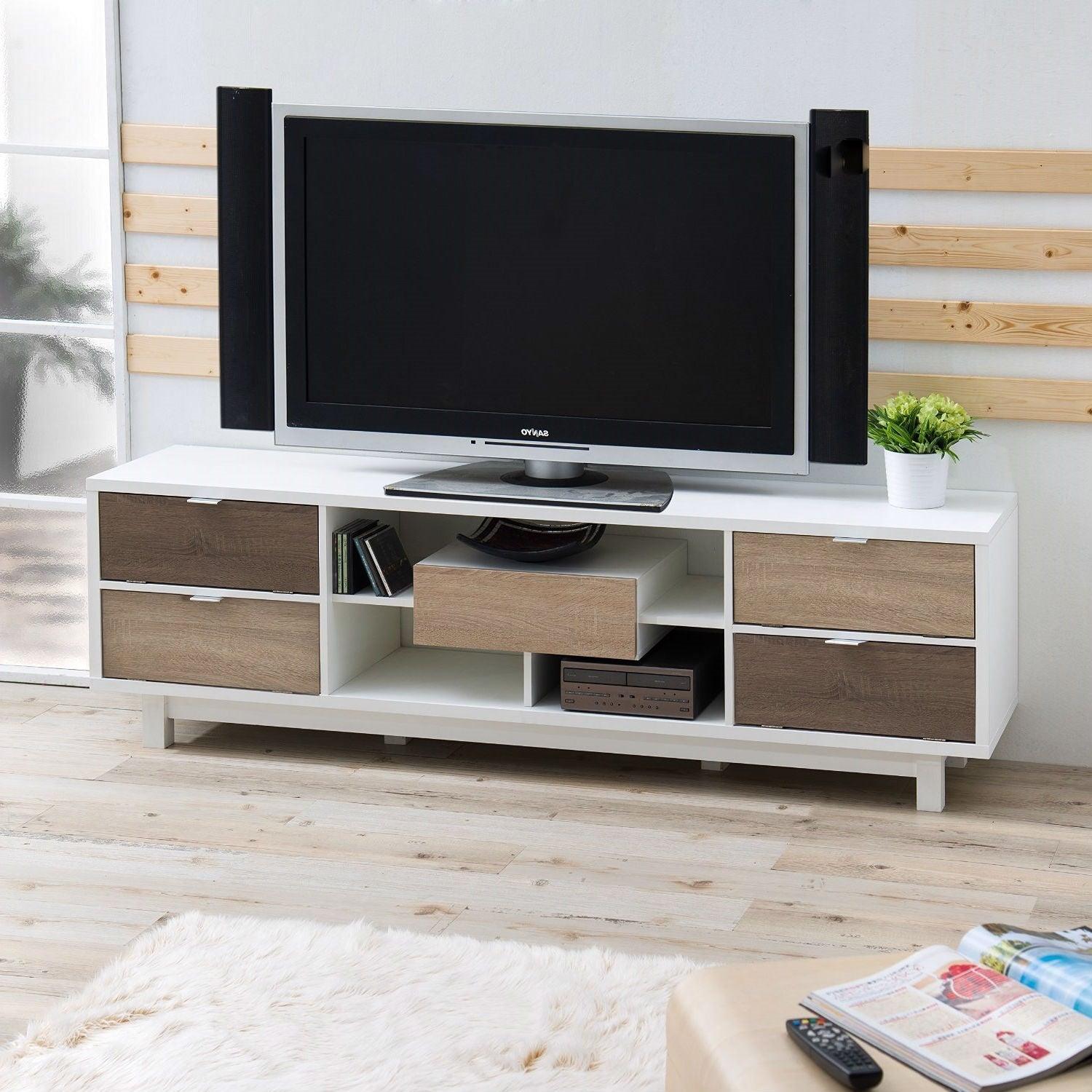 Modern 70-inch White TV Stand Entertainment Center with Natural Wood Accents - PRHOMZ
