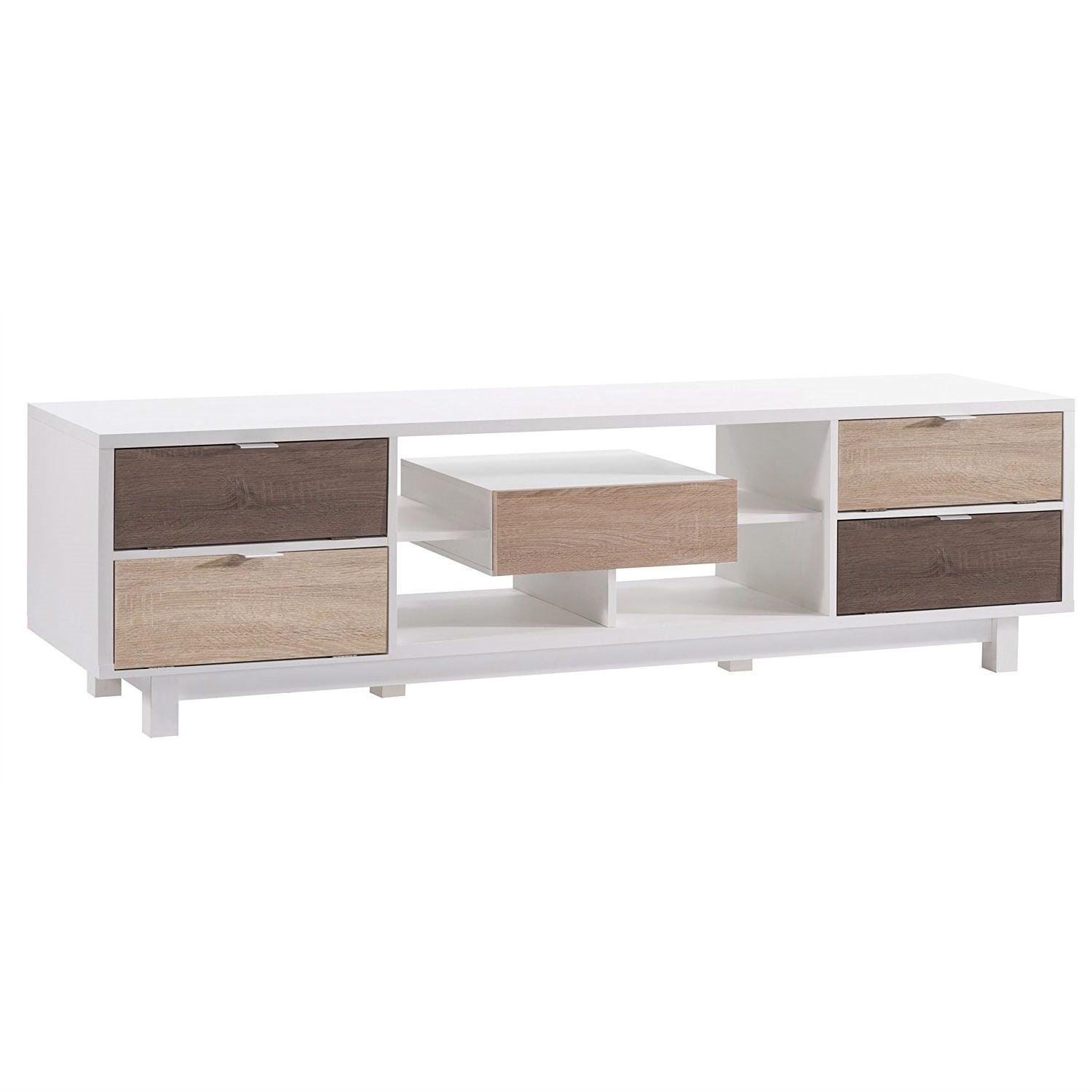 Modern 70-inch White TV Stand Entertainment Center with Natural Wood Accents - PRHOMZ