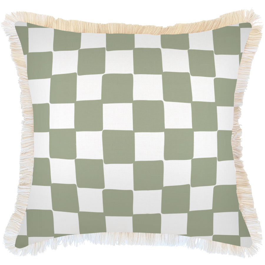 Cushion Cover-Coastal Fringe-Check Sage-60cm x 60cm-0