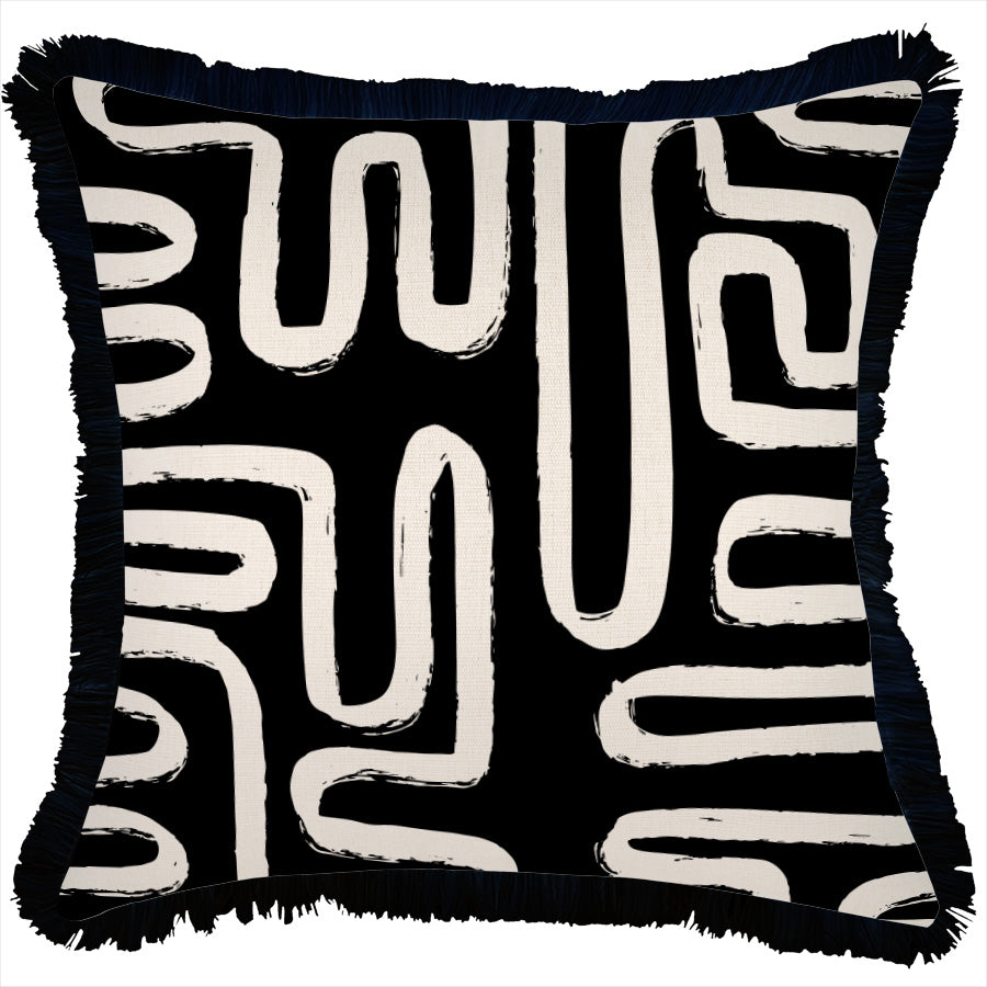 Cushion Cover-Coastal Fringe Black-Maze Black-45cm x 45cm-0
