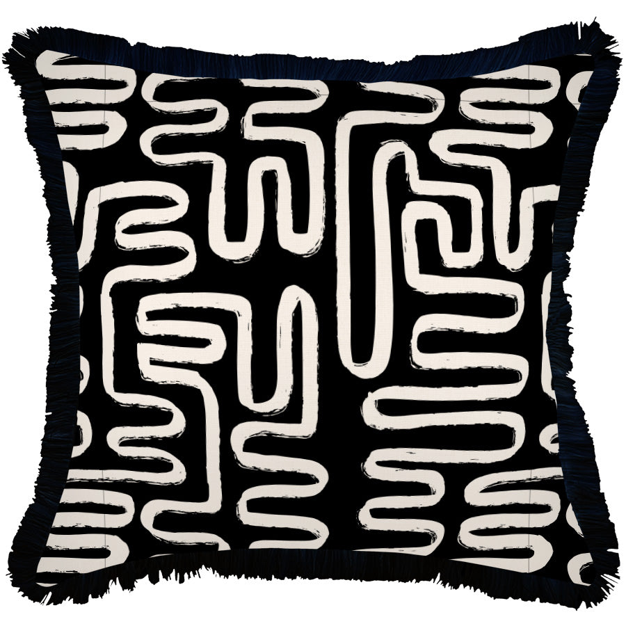 Cushion Cover-Coastal Fringe Black-Maze Black-60cm x 60cm-0
