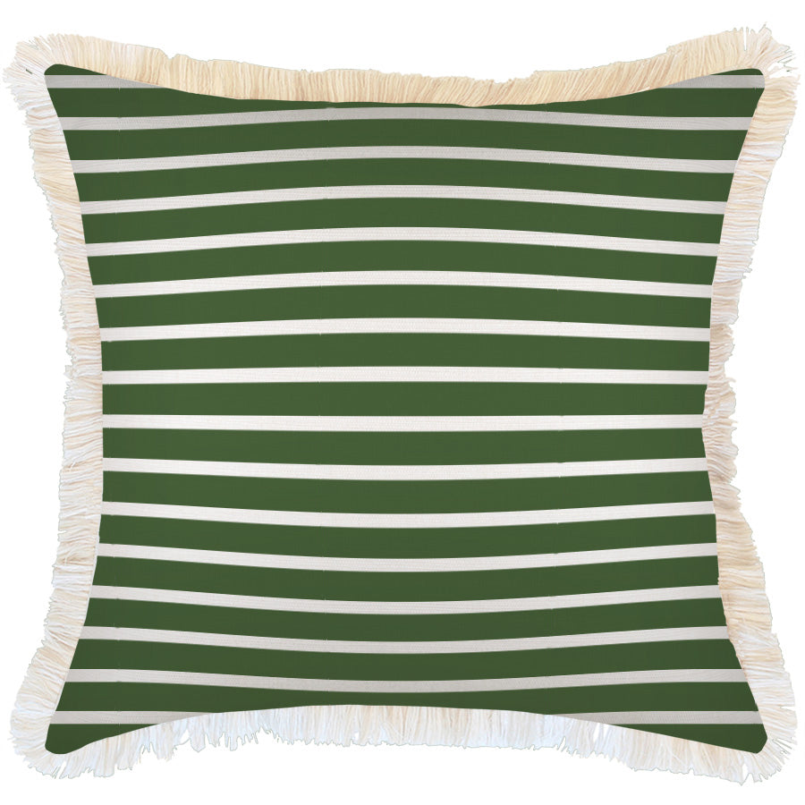 Cushion Cover-Coastal Fringe-Hampton Stripe Dark Green White-60cm x 60cm-0