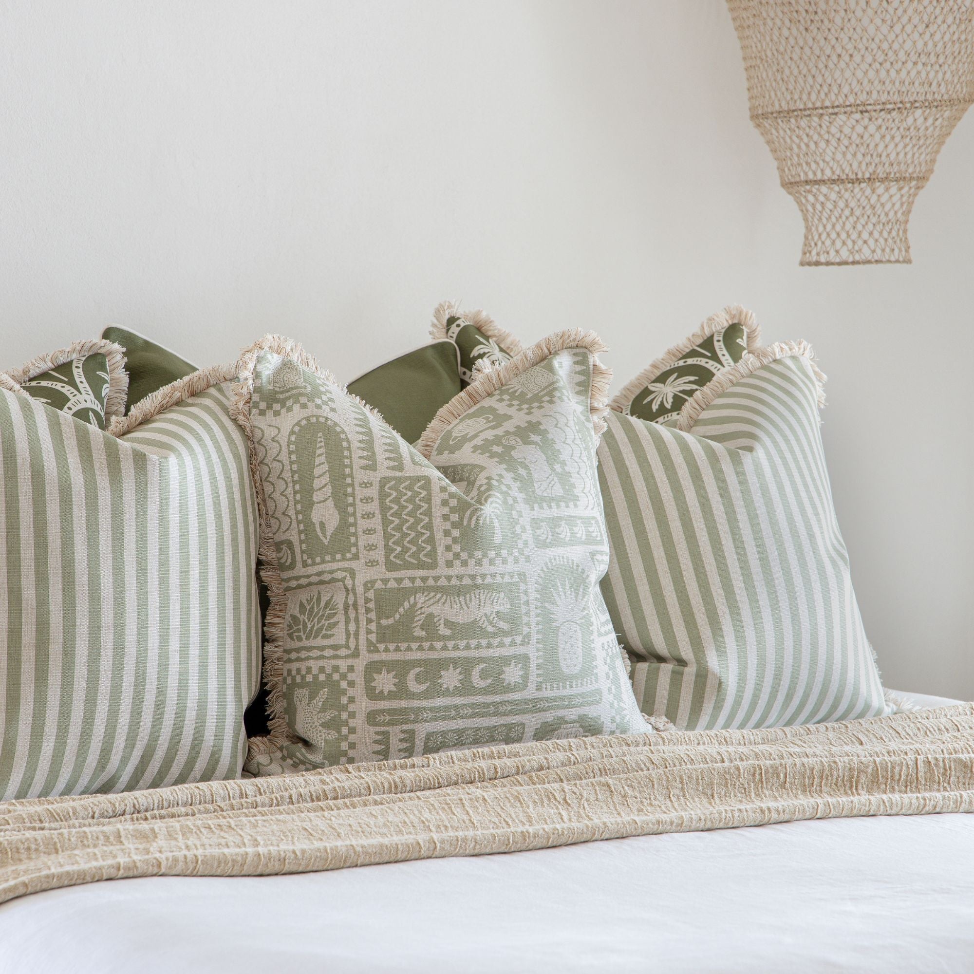 Cushion Cover-Coastal Fringe-Candy Stripe Sage-45cm x 45cm-4
