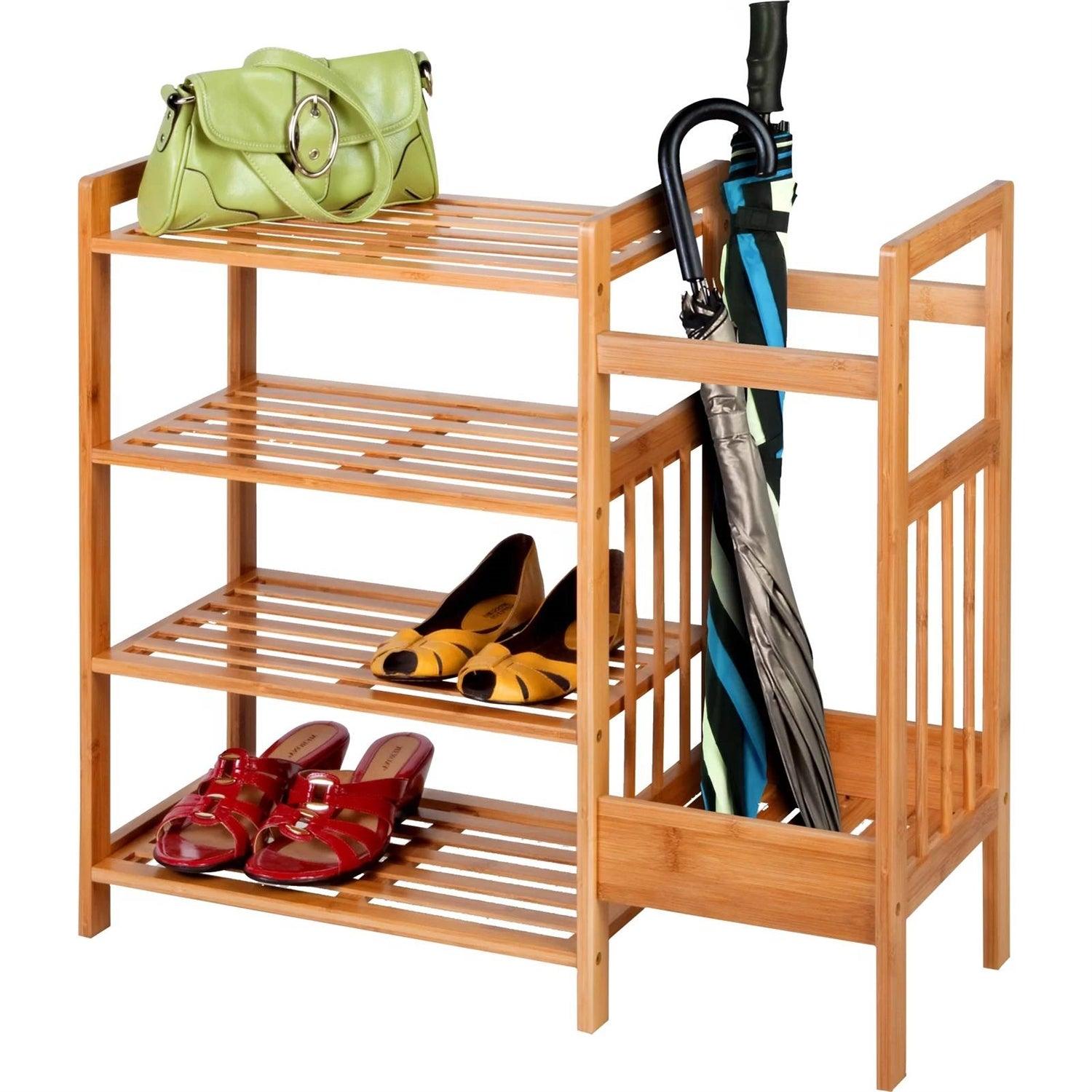 2-Shelf Entryway Shoe Rack Bench with Bla2-in-1 Entryway 4-Shelf Bamboo Shoe Rack and Umbrella Holderck Metal Frame and Brown Wood Top - PRHOMZ