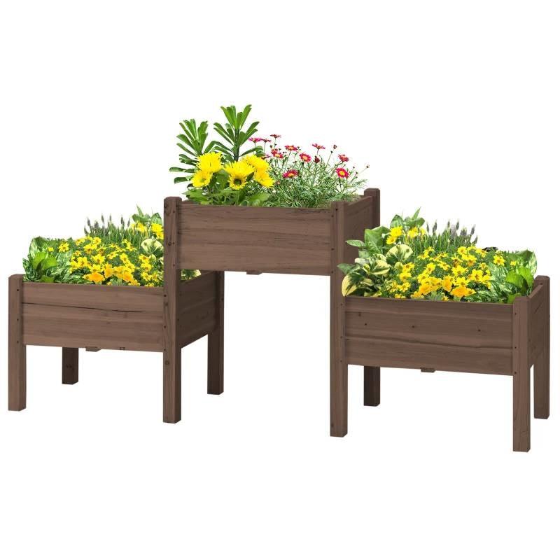 Brown 3 Wooden Elevated Planter Raised Garden Beds - PRHOMZ