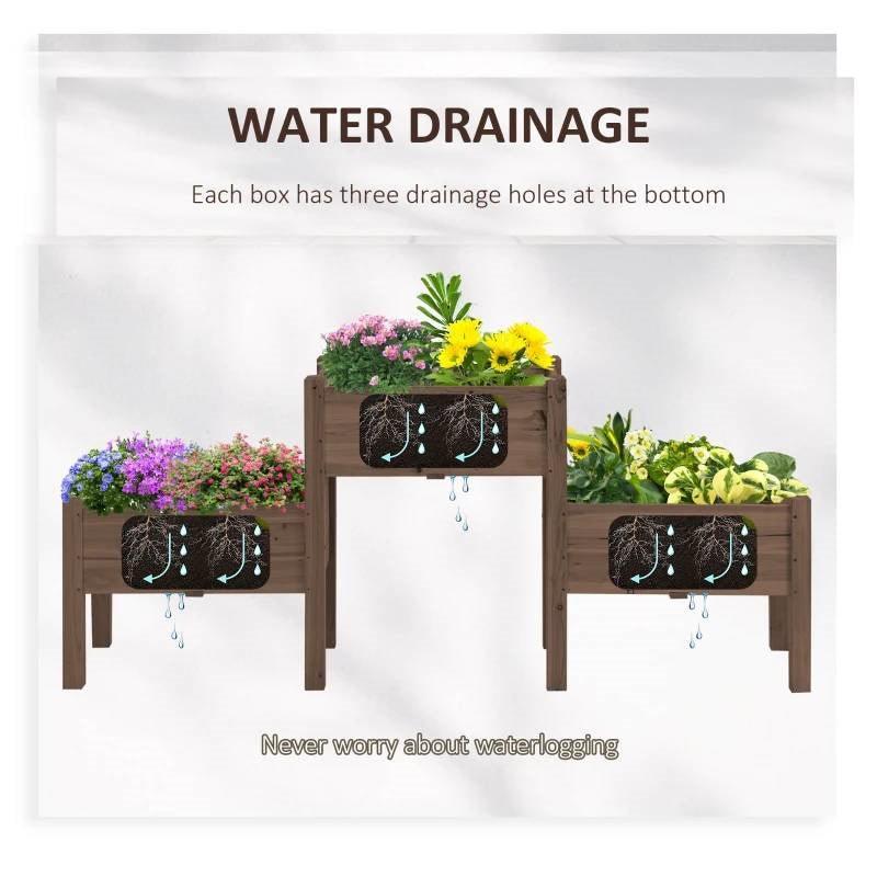 Brown 3 Wooden Elevated Planter Raised Garden Beds - PRHOMZ