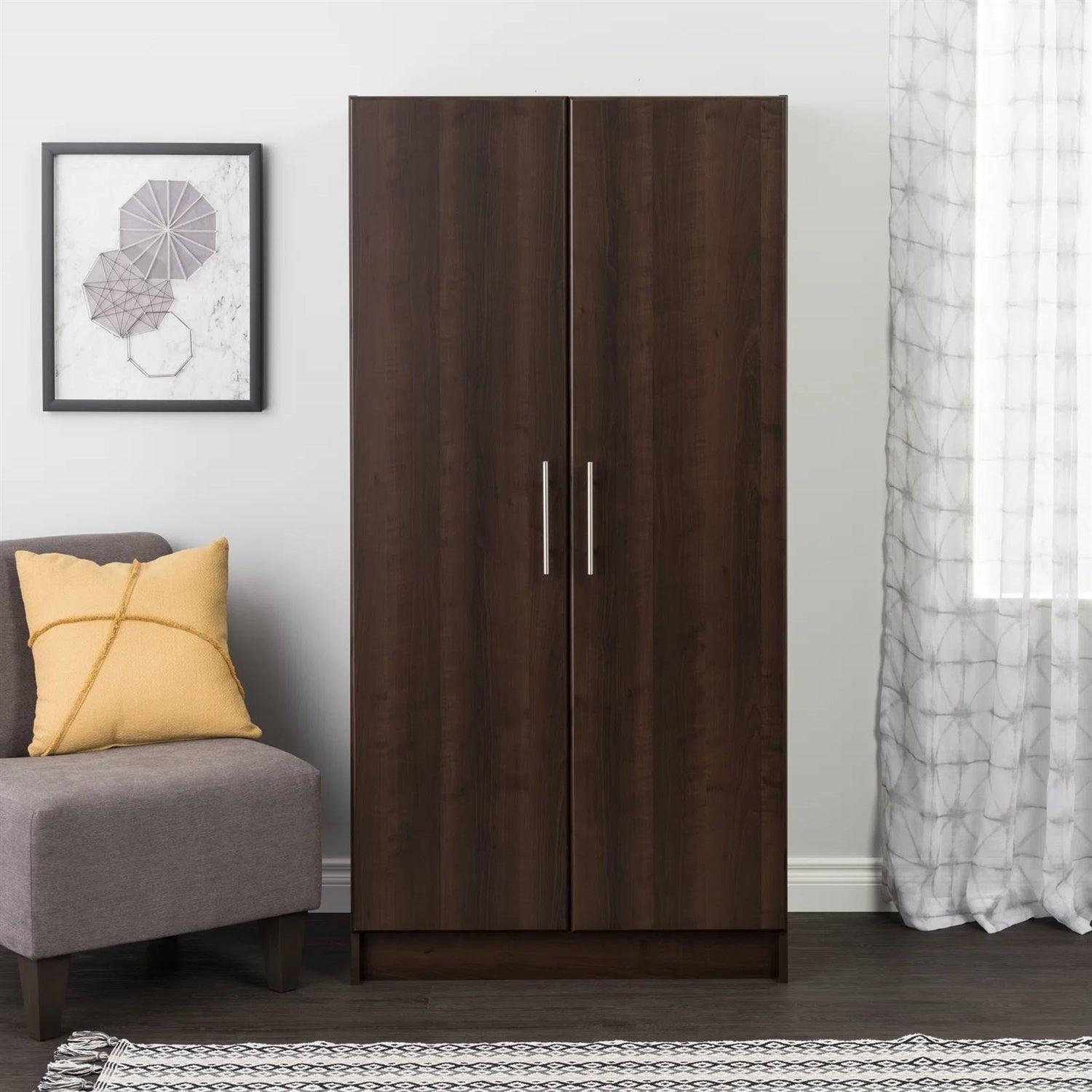 Bedroom Armoire Wardrobe Cabinet with Hanging Rail in Dark Brown Wood Finish - PRHOMZ