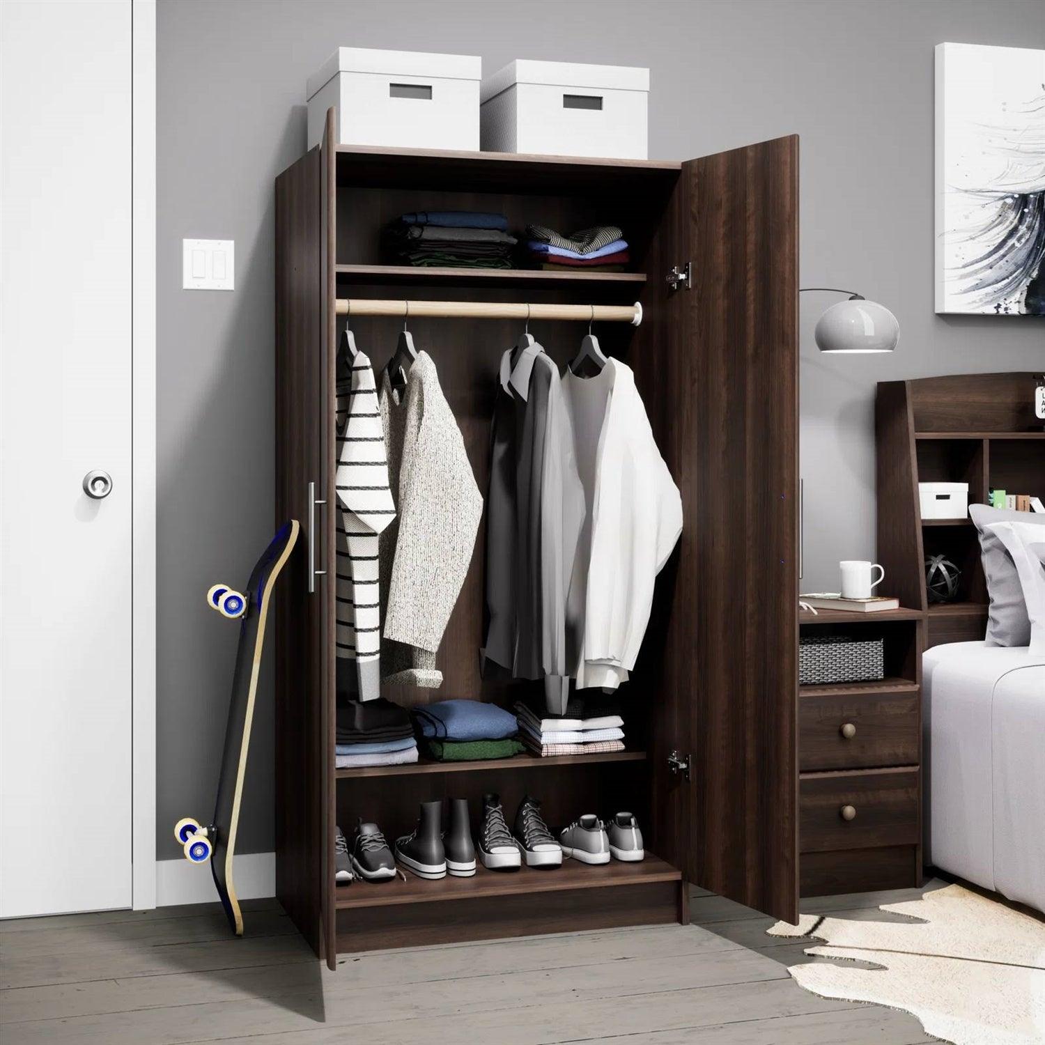 Bedroom Armoire Wardrobe Cabinet with Hanging Rail in Dark Brown Wood Finish - PRHOMZ