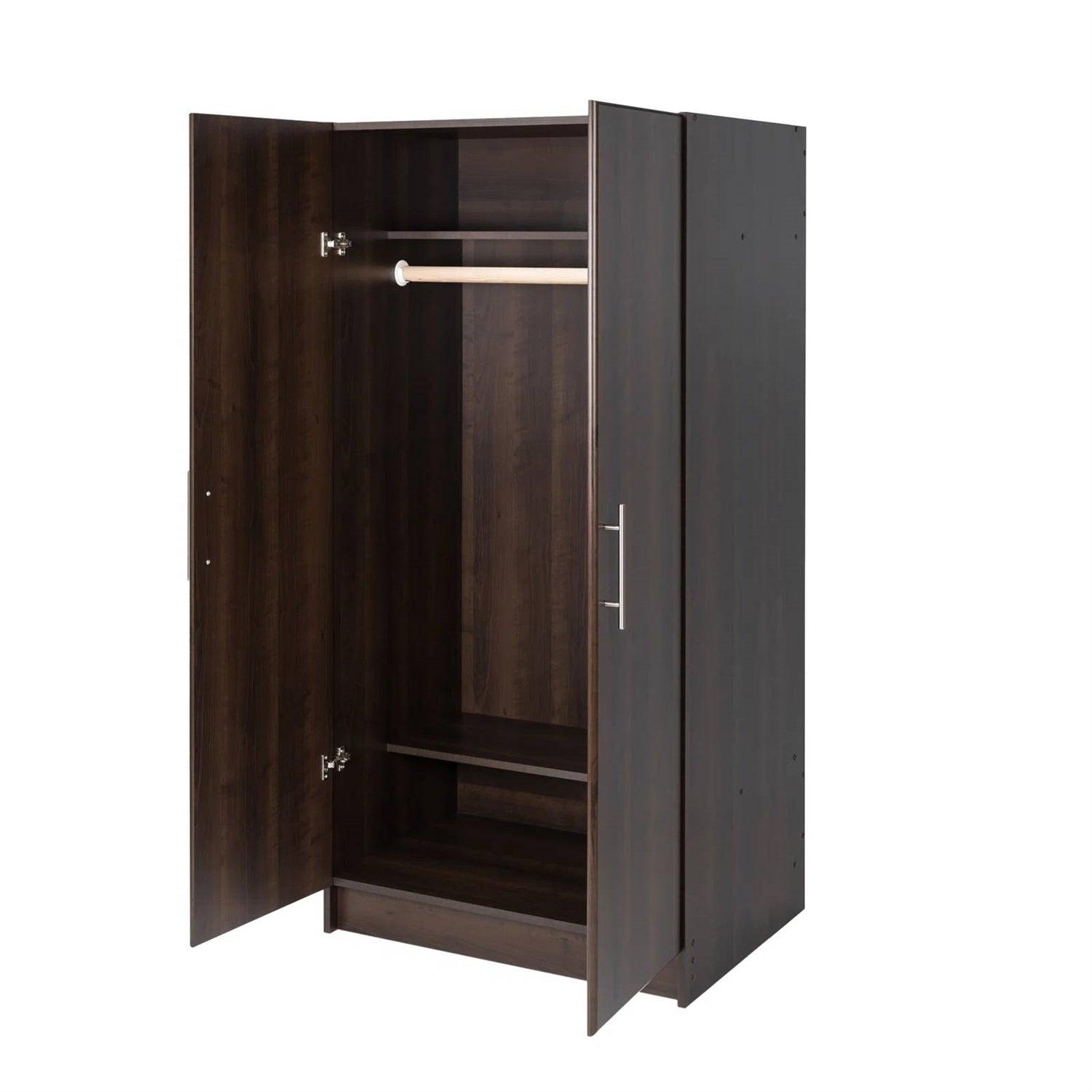 Bedroom Armoire Wardrobe Cabinet with Hanging Rail in Dark Brown Wood Finish - PRHOMZ