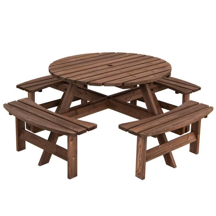 Espresso Wooden 8 Seater Picnic Table Umbrella Hole - PRHOMZ