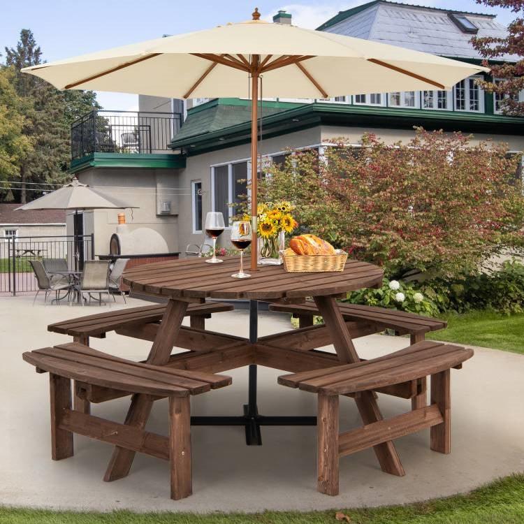 Espresso Wooden 8 Seater Picnic Table Umbrella Hole - PRHOMZ