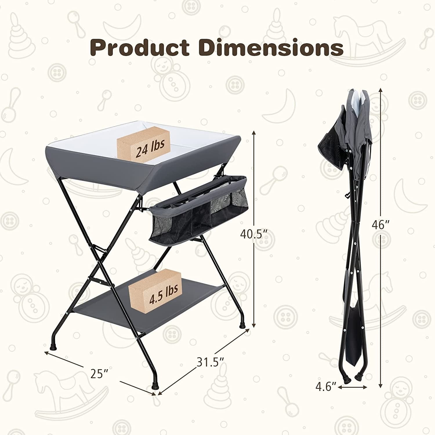 Grey Folding Wide Nursery Diaper Baby Changing Table