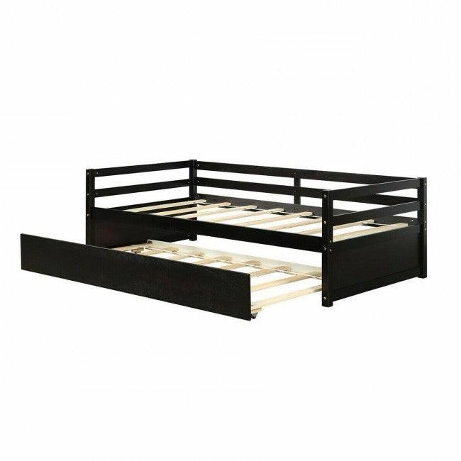 Twin/Twin Dorm Style Trundle Daybed Platform Bed Frame in Espresso - PRHOMZ