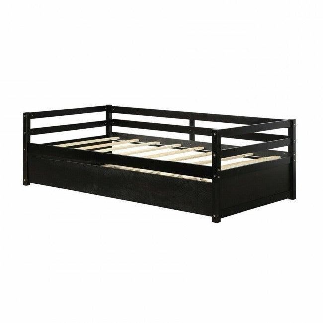 Twin/Twin Dorm Style Trundle Daybed Platform Bed Frame in Espresso - PRHOMZ