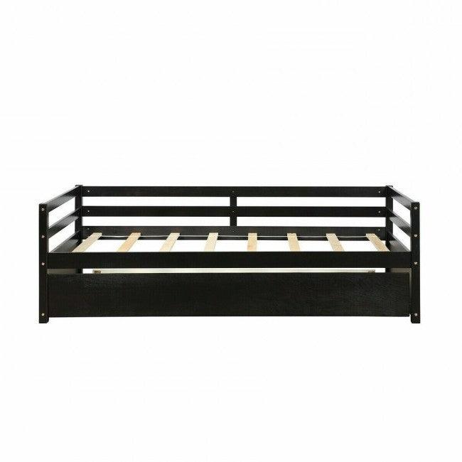 Twin/Twin Dorm Style Trundle Daybed Platform Bed Frame in Espresso - PRHOMZ