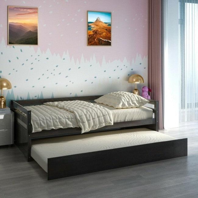 Twin/Twin Dorm Style Trundle Daybed Platform Bed Frame in Espresso - PRHOMZ