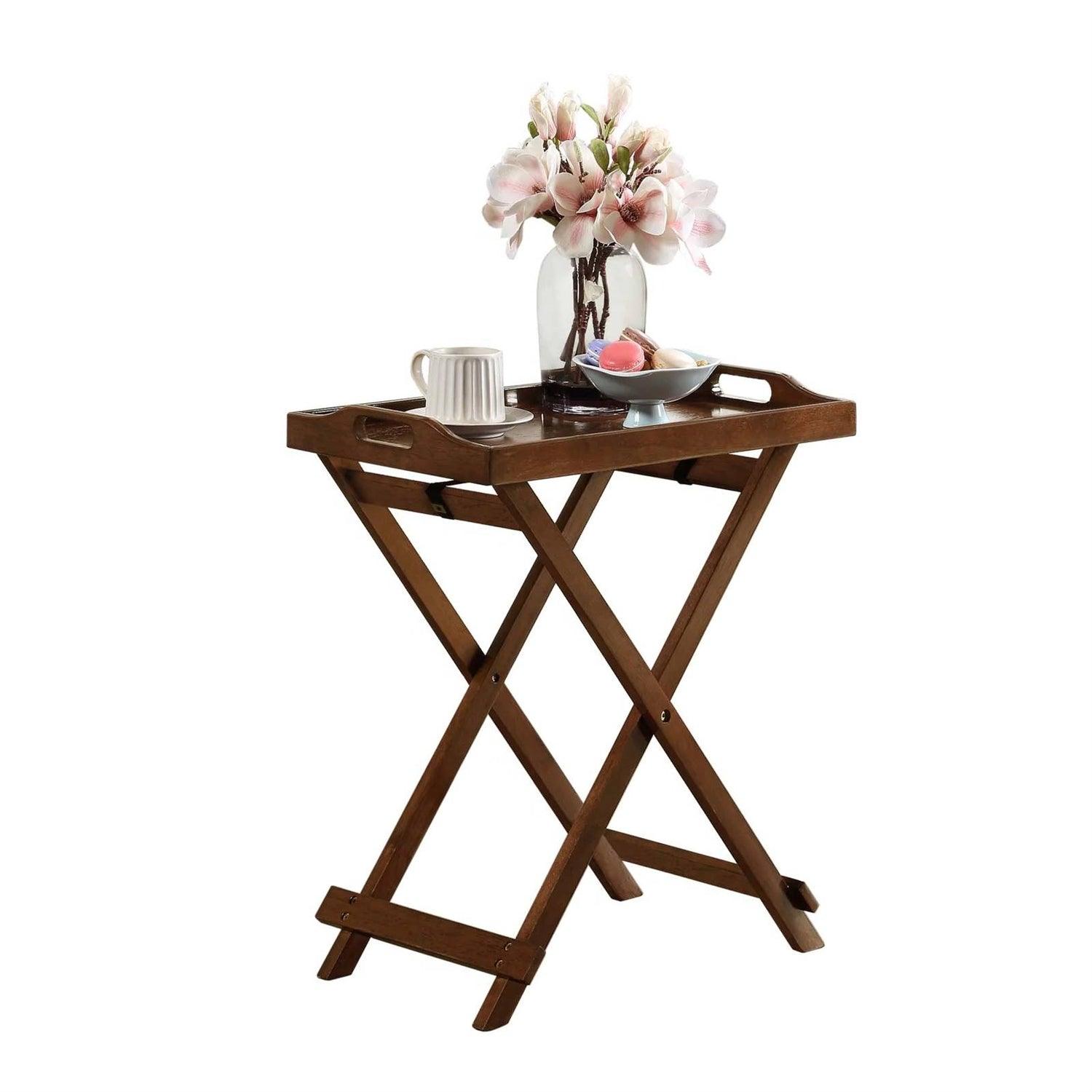 Folding TV Tray Bedside Table in Dark Brown Espresso Wood Finish - PRHOMZ