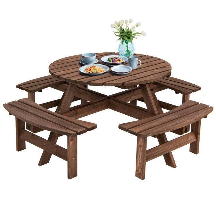 8-Set Outdoor Solid Wood Round Picnic Table with 4 Benches Patio Garden Dining Set - PRHOMZ