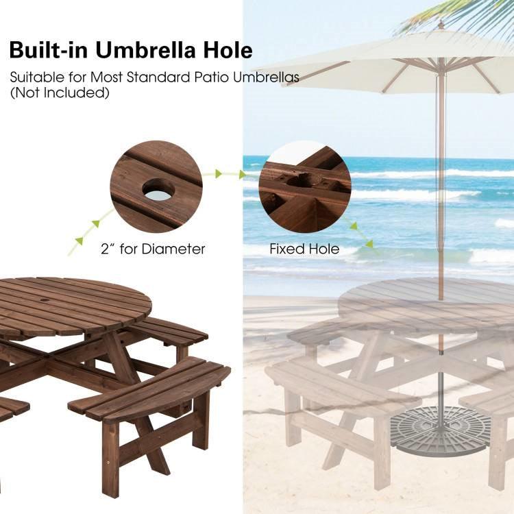 8-Set Outdoor Solid Wood Round Picnic Table with 4 Benches Patio Garden Dining Set - PRHOMZ