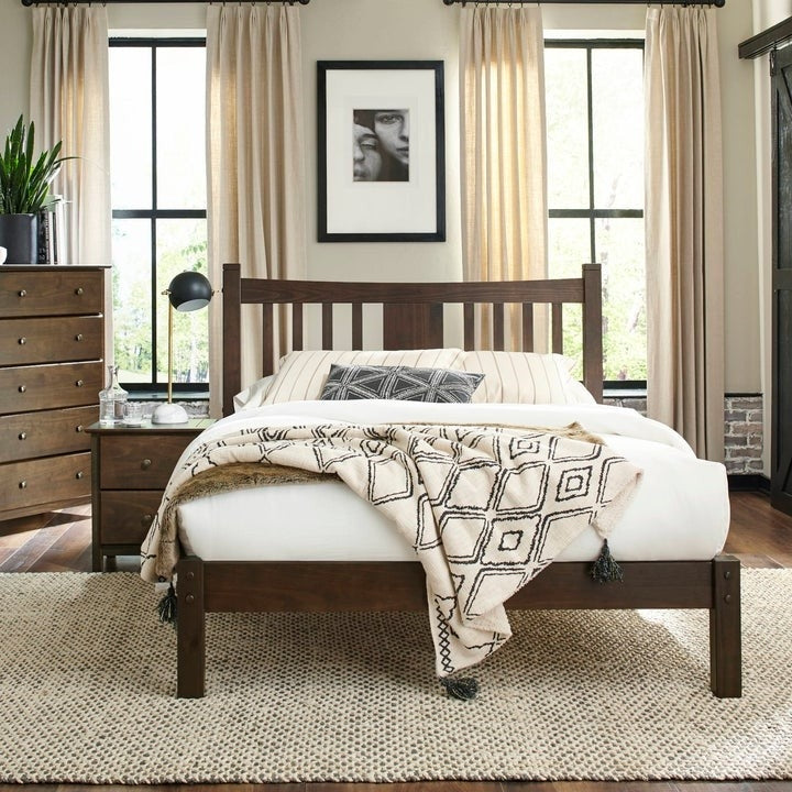 Queen size Solid Pine Wood Platform Bed with Headboard in Espresso-3