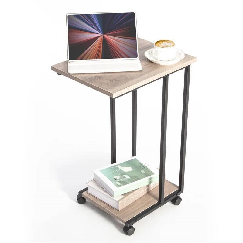 Modern Industrial Style Metal Wood TV Tray Bedside Table with Removable Casters - PRHOMZ