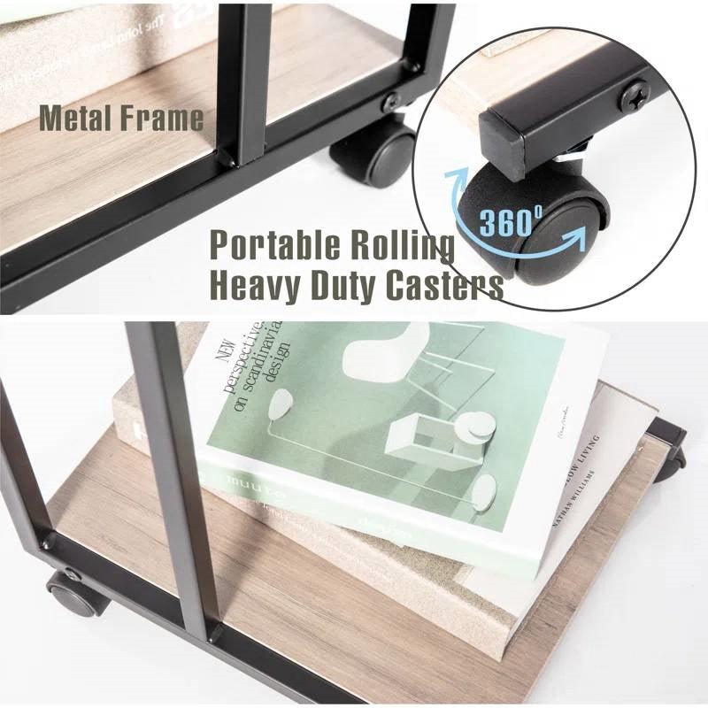 Modern Industrial Style Metal Wood TV Tray Bedside Table with Removable Casters - PRHOMZ