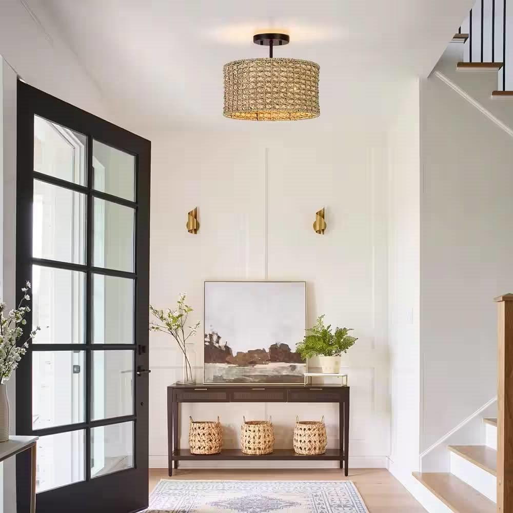 Bohemian 13.6-inch Round Rattan Drum 2-Light Ceiling Light - Semi-Flush Mount - PRHOMZ