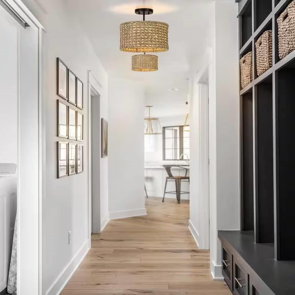 Bohemian 13.6-inch Round Rattan Drum 2-Light Ceiling Light - Semi-Flush Mount - PRHOMZ